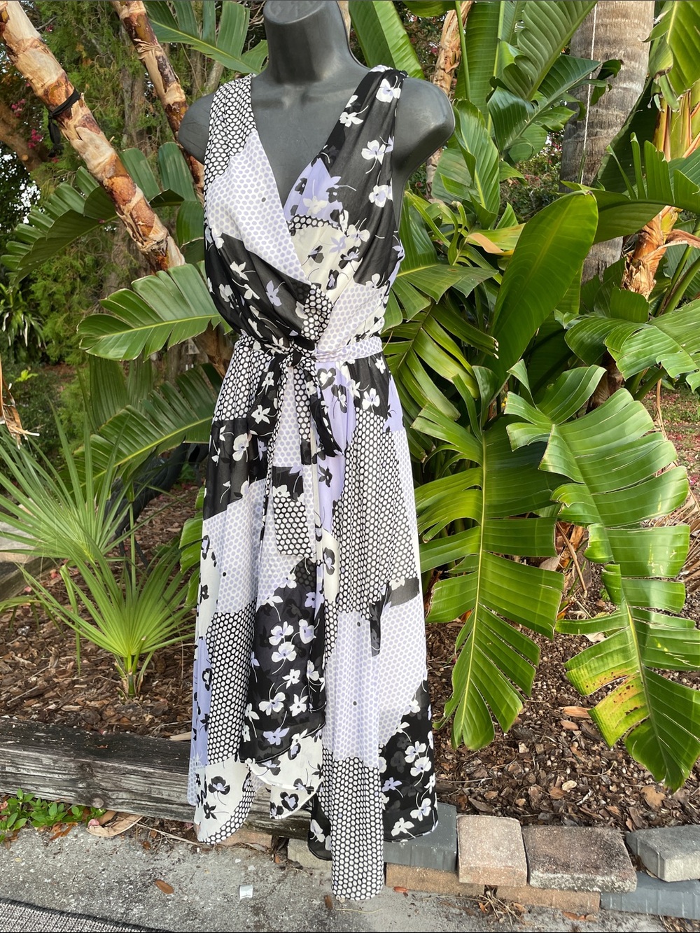 dkny polkadot and floral, purple and black patchwork handkerchief, hem dress